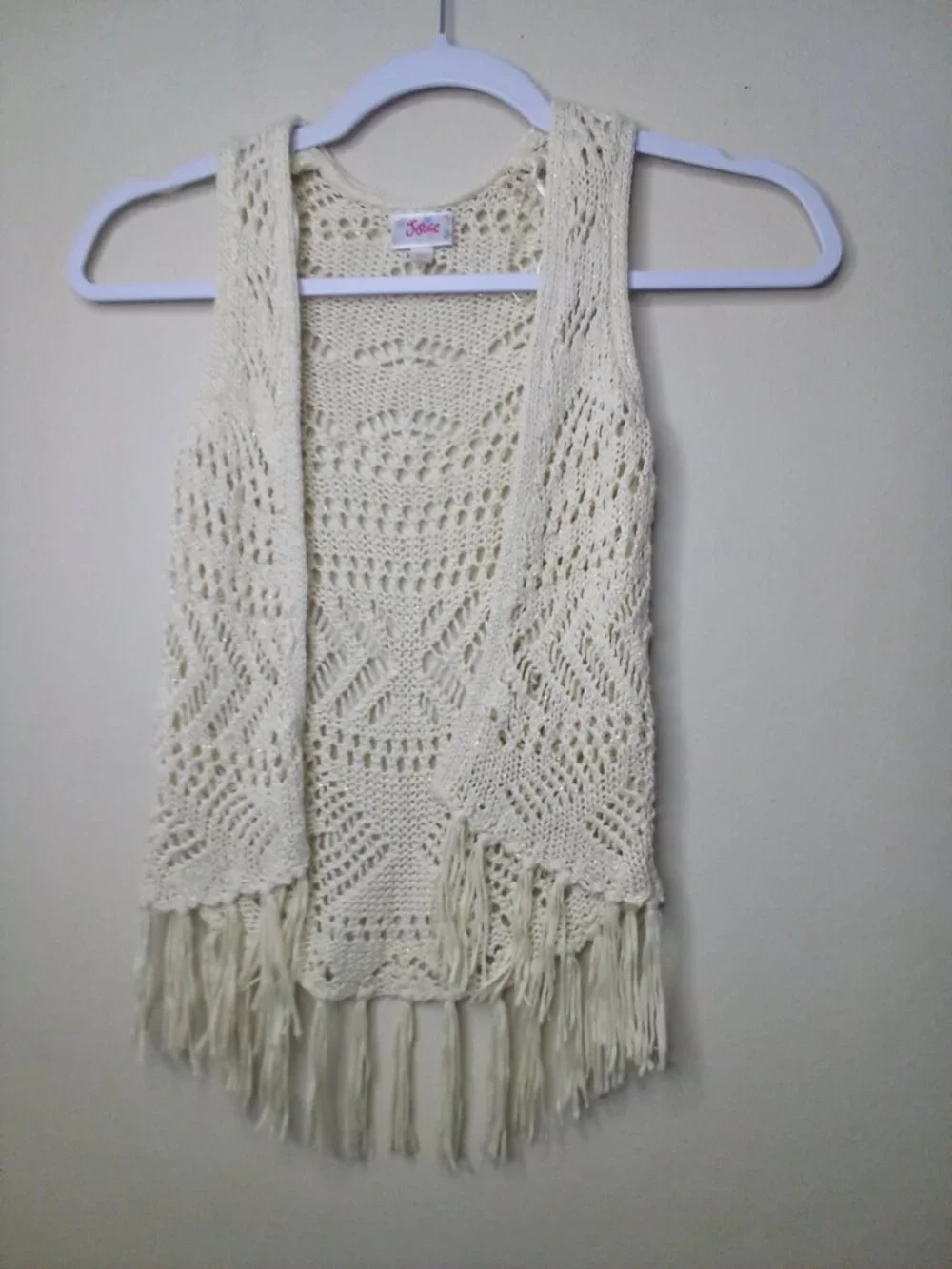 Justice Vest Cardigan Girls 5 Open Front Loose Knit Boho Fringe Cream